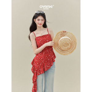 OUYANGXI | Áo Thun Hè Ôm Dáng Hoa Đỏ Dải Xếp Ly Không Đều