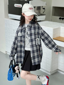 MPW | Girls Casual Shirt Embroidered Flannel Plaid Two-Piece Set Autumn Fashionable Childrens Clothing Long Sleeve Polo Collar Button