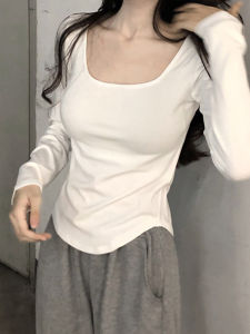 White Base Layer Shirt Womens Square Collar Long Sleeve Waist Cinched Shoulder T-Shirt Korean Style Commute Creative Pattern