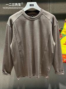 Áo Thun Nam Cổ Tròn Dài Tay Màu Nâu Cà Phê Pha Trộn Cotton Polyester Mùa Thu Phong Cách Hàn Quốc Thường Ngày Thân Thiện Với Da Thoáng Khí