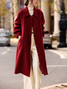 Elegant Romantic Double-Faced Woolen Coat with Stand Collar And Belt New Chinese Style Medium-Length Outerwear for Women