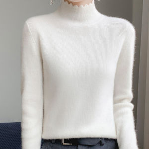 Elegant Simple Lace Collar Womens Wool Sweater Slim Fit Overhead Half High Neck Knitted Shirt Autumn Winter New Style