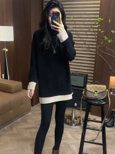 Double-Sided Velvet Thickened Half-High Collar Mid-Length Womens T-Shirt Fashionable Winter Base Shirt Color Block Design