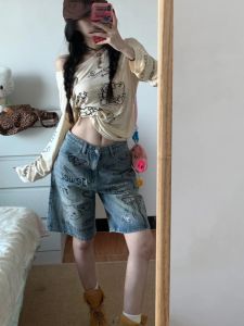 Retro American Graffiti Rhinestone Denim Five-Point Pants Womens Loose Wide Leg Straight Cut Spring Summer New Style Trendy