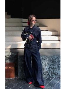 Retro Hong Kong Style Fashionable Denim Set Womens Autumn Winter Long Sleeve Waist-Cinching Top Wide Leg Pants Two-Piece Suit