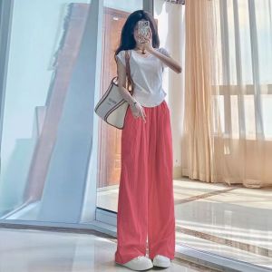 High Waist Wide Leg Casual Pants Womens Summer Thin Hanging Sense Straight Cut Lazy Casual Sun Protection Apricot Color