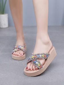 Colorful Ethnic Style Cross Slide Sandals Thick Heel Anti-Slip Beach Shoes Womens New Model Outdoor Wear Comfortable Flats