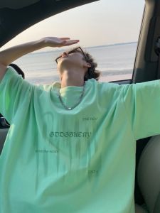 Fluorescent Green Cotton Short Sleeve T-Shirt for Men Oversize Small Collar Five Sleeve Breathable Casual Style Summer Wear