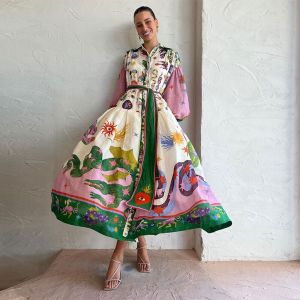 Polo Neck Printed Vintage Long Dress Princess Sleeves Lace-ups High Waist Big Hem Vestidos Casual Fashion Literary Elegant Robe