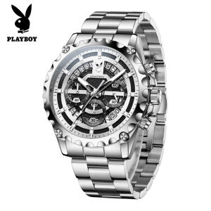 PLAYBOY watch for men original waterproof fashion skeleton dial chronograph calendar luminous stain steel strap men watches