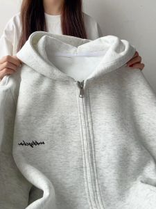 อเมริกันเรโทร มีฮู้ด เปิด คาร์ดิเกน เสื้อสเว็ตเชิ้ต ผู้หญิง สไตล์เกาหลี โอเวอร์ไซส์ หลวม สไตล์ขี้เกียจ ซิป เสื้อแจ็คเก็ต สไตล์เกาหลี หลวม