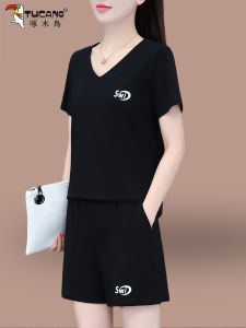 Bộ Đồ Thể Thao Cotton Cổ Chữ V Tay Ngắn Bộ Đồ Chạy Bộ Mùa Hè Mới Bộ Đồ Hai Mảnh Thoải Mái Thoáng Khí Cho Nữ