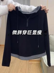 Áo Thun Nữ Cỡ Lớn Có Khóa Kéo Mũ Trùm Đầu Thiết Kế Hai Mảnh Tay Dài Cổ Tròn Thường Ngày Mùa Thu Thân Thiện Với Da