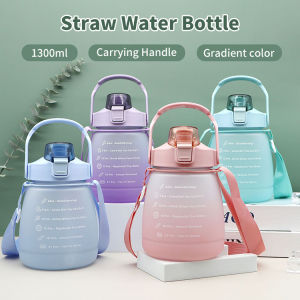 【COD】1300ML Large Capacity Frosted Water Bottle With Straw Crossbody Carrying Handle Outdoor Sports Gym Fitness On-go Trip Portable drop-resistant Drinking Jug