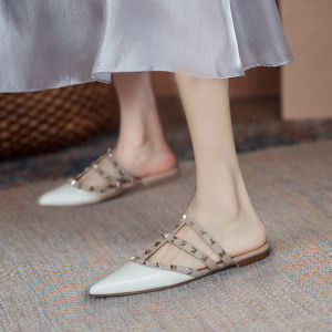 Summer 2025 Womens Rivet Pointed Toe Flat Sandals Half Slippers Outdoor Wear Net Red Single Shoes Slip-On Flats Cool Shoes