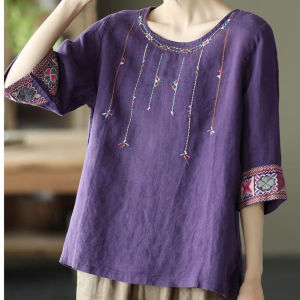 Summer New Cotton Linen Embroidered Loose Fit Womens Top Vintage Style Five Sleeve Ethnicity Small Shirt round Neck T-shirt