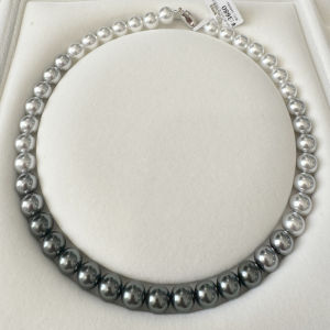 NiNi Similar Style Real Genuine Pearl Necklace for Women High Fashion Grey with Black Gradient Mother-of-pearl Pendant Ball Chain