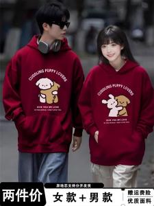 เสื้อสเวตเตอร์มีฮู้ดผ้าขนแกะสีแดงสำหรับคู่รัก ฤดูใบไม้ผลิ ฤดูใบไม้ร่วง ฤดูหนาว ทรงหลวม ปกติ แขนยาว ปกติ เสื้อสเวตเตอร์คอตตอนผสม