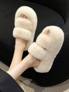 Womens Furry Slippers High Heel Thick Bottom Winter Cotton Slippers Autumn Winter Plush Shoes Korean Style Youth Daily Wear