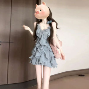 French Style Unique V-Neck Puff Sleeve Short Dress Chilled Tone High Waist Belted Summer Dress Breathable Comfortable Casual Dress