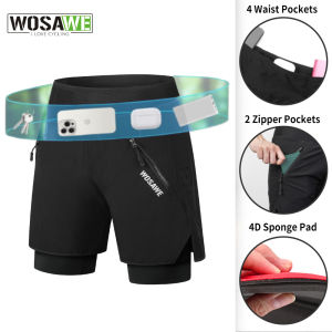 WOSAWE Mountain Bike Shorts Cycling Shorts with Longer Liner 2 In 1 Quick Dry Training Gym Jogging Short Pants With Waist Bag