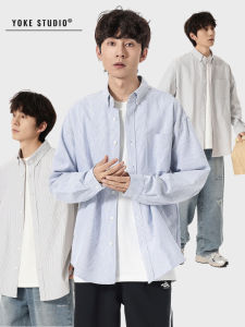 American Casual Cleanfit Striped Shirt Mens Loose Long Sleeve Outerwear Couples Shirt Cotton Polyester Blend Four Seasons