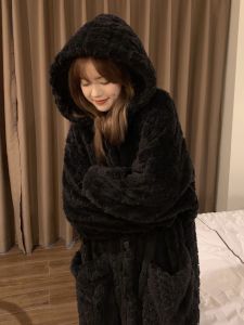 Thick Coral Fleece Sleepwear Winter Womens Robe Island Velvet Long Black Bathrobe Home Comfortable Pajamas Nightgown Set