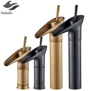 ทองเหลืองโบราณอ่างล้างหน้าก๊อกน้ําน้ําตกห้องน้ําก๊อกน้ําเดี่ยวอ่างล้างหน้าแตะดาดฟ้าติดตั้ง One Hole Bronze สีดํา TAP