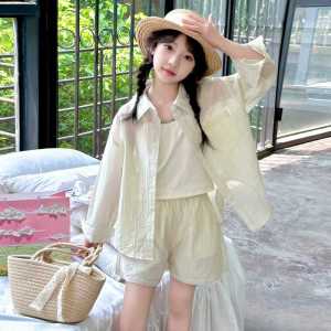 Adorable Lightweight Girls Sun Protection Clothing Set with Bow Tie Three-Piece Outerwear for Summer Butterfly Knot Shirt