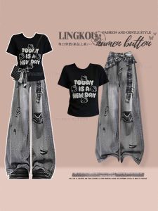 NUMEN BUTTON | Street Style Letter T-Shirt with Ripped Denim Wide Leg Pants Set