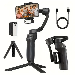 QAML 2024 AI 3-axis gimbal w/ magnetic tracking gesture/face control 4 modes 3600mAh battery foldable tripod included.