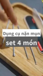 Dụng cụ nặn mụn set 4 món giúp lấy nhân mụn nặn mụn đầu đen với 2 đầu thép không gỉ độ bền cao an toàn cho da