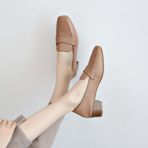 New Super Popular Genuine Leather Womens mid Heel Slip-On Thick Heel Flats Soft Bottom Casual Versatile Shoes Fashionable Belt Decor