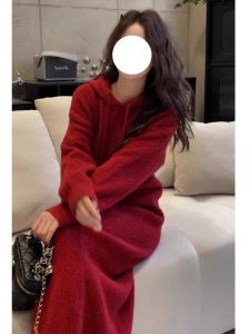 คริสต์มาสสีแดงถัก มีฮู้ด เดรส ผู้หญิง ฤดูใบไม้ร่วง ฤดูหนาว รูปแบบใหม่ หลวม Lazy Base Layer เสื้อสเวตเตอร์ ยาว เดรส สําหรับ เสื้อโค้ท สวมใส่ด้านใน