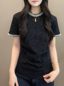 QINGNAER | Korean Luxe Heavy Embellished Round Neck Slim Fit Black Short Sleeve Womens Plus Size Top