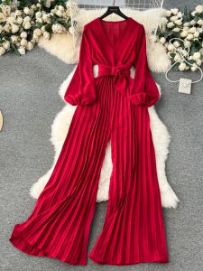Fashion Puff Sleeves Jumpsuit Women 2024 Early Spring New Arrival Elegant V-neck Lace-up Waist Long Pleated Loose Pants