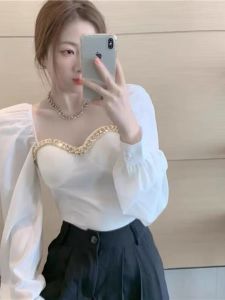 Chic Short French Design Large Size Bubble Sleeve Shirt Square Collar Long Sleeve Commute Style Fashionable Autumn New Arrival