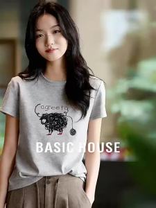 Basic House | Funny Cartoon Sheep Print T-Shirt Grey Round Neck Short Sleeve Summer Women