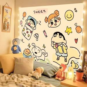 52TOYS | Crayon Shinchan All Character Doodle Print Tapestry Pajama Shin Chan Shiro Robot Cute Cream Background Wall Decor