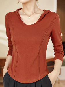 Pure Cotton Hoodie Womens Base Shirt Short Thin Fishbone Long Sleeve Cap Shirt Spring Autumn Korean Style Slim Fit Top