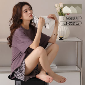 MiiOW | Pure Cotton Summer Sleepwear Womens Loose Short Sleeve Thin Home Clothes Set With Chest Pad Can Be Worn Outside Cat Person