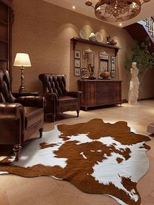 Ins เรียบหรูสไตล์สัตว์ป่าผ้าพื้นหนังวัวสีน้ำตาลอ่อน ผ้าพื้นขนแกะแบบเรียบง่ายสำหรับห้องนั่งเล่น ห้องนอน รั้วประตู ชานชาลา โต๊ะกาแฟ