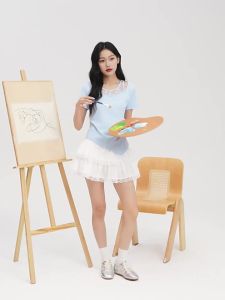 SANFU | Unique Metal Logo Lace Two-Piece Look Short Sleeve Top