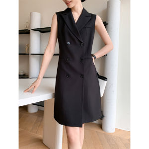 ชุดเดรสยาวแขนกุดสีดำ กระโปรงสูท แขนกุด ทรงเอ สำหรับผู้หญิง ชุดทำงาน ชุดเดรสยาวปานกลาง ชุดเดรสทำงาน ชุดเดรสทำงาน