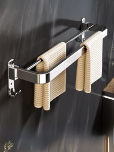 Foldable Double Rod Bathroom Towel Rack 304 Stainless Steel No Drilling Required Toilet Storage Shelf Bath Towel Hanging Holder