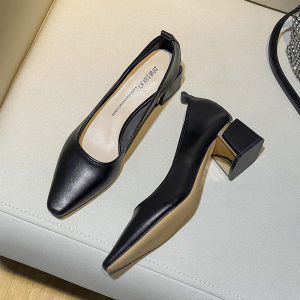 French Style Square Head Thick Heel Single Shoes Womens Commuter Work Shoes Black High Heels Soft Leather Comfortable Professional Shoes