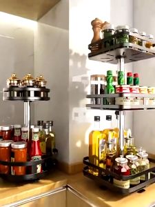 Square Round Rotating Storage Seasoning Spice Rack Shelf Tray Adjustable Height Standing for Cabinet and Kitchen Countertop