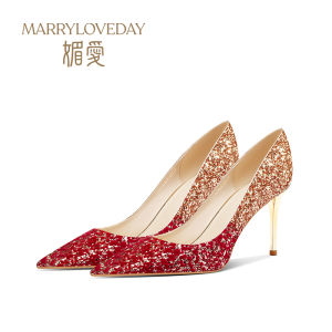 Red Crystal High Heels Wedding Shoes Comfortable Womens Footwear Elegant Chinese Wedding Drinking Ceremony Footwear