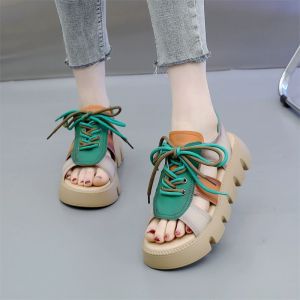 Fashionable Thick Heel Platform Roman Sandals Womens Summer New Style Cross Buckle Low Cut PU Lined Ladies Shoes Casual Flats