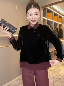 Retro Chinese Style Velvet Shirt Womens Spring Autumn Winter Baby Doll Collar Splicing Lace Edge Belly Cover Base Shirt